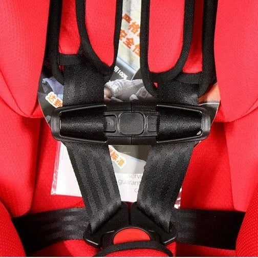 Black nylon seat belt buckle clip for child car seats, dimensions 14.5cm by 4cm.