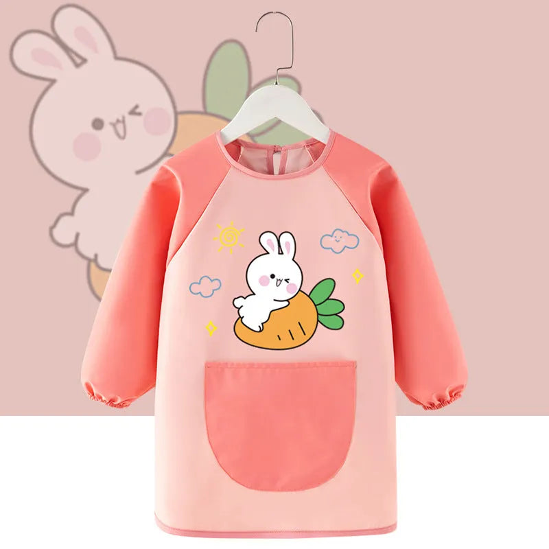Children's waterproof painting apron with cartoon design in pink rabbit pattern, polyester fabric, inside-out style