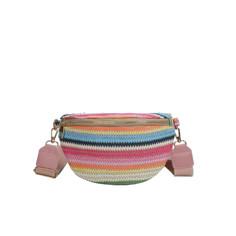 Blue bohemian style straw woven women's beach bag with single shoulder strap and zipper pocket