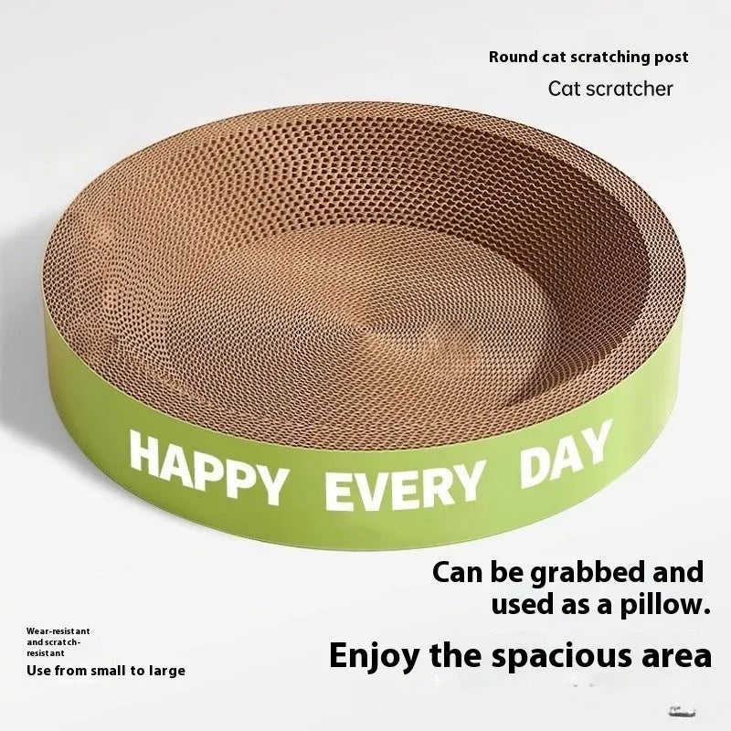 Green round cat scratching board nest with plush interior and integrated scratching surface