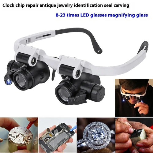 White foldable head-mounted magnifying glass with LED light for clock repair and precision inspection work