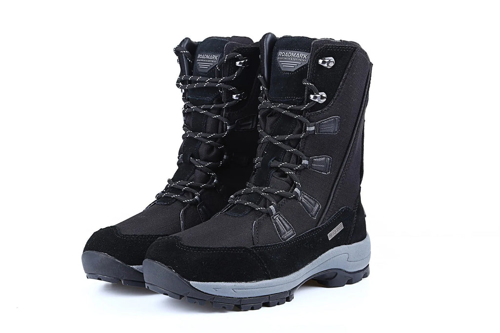 Women's mid-calf length black genuine leather thermal snow boots with a round toe and rubber sole