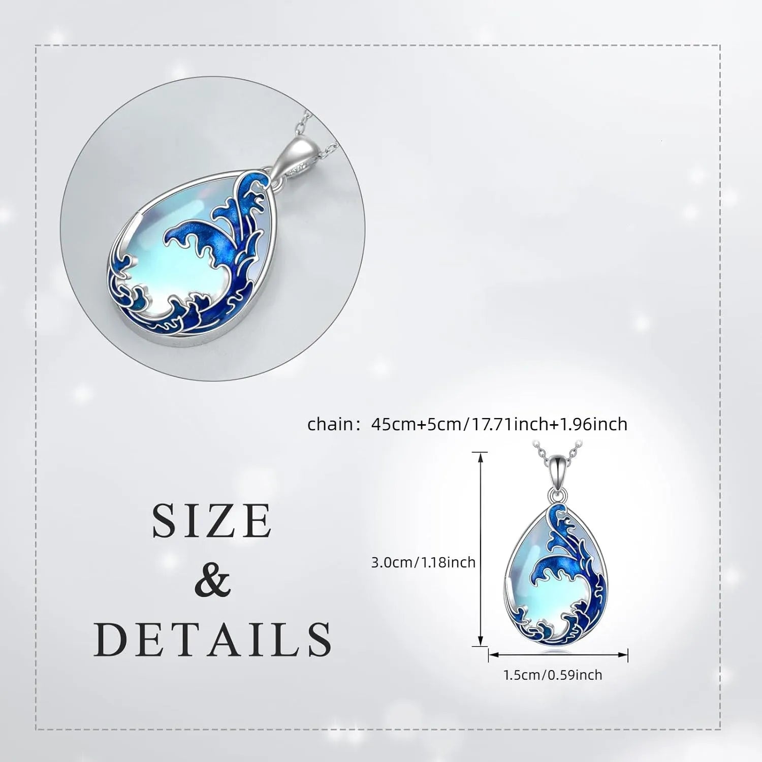 Moonstone blue alloy pendant necklace for women with love heart design on chain