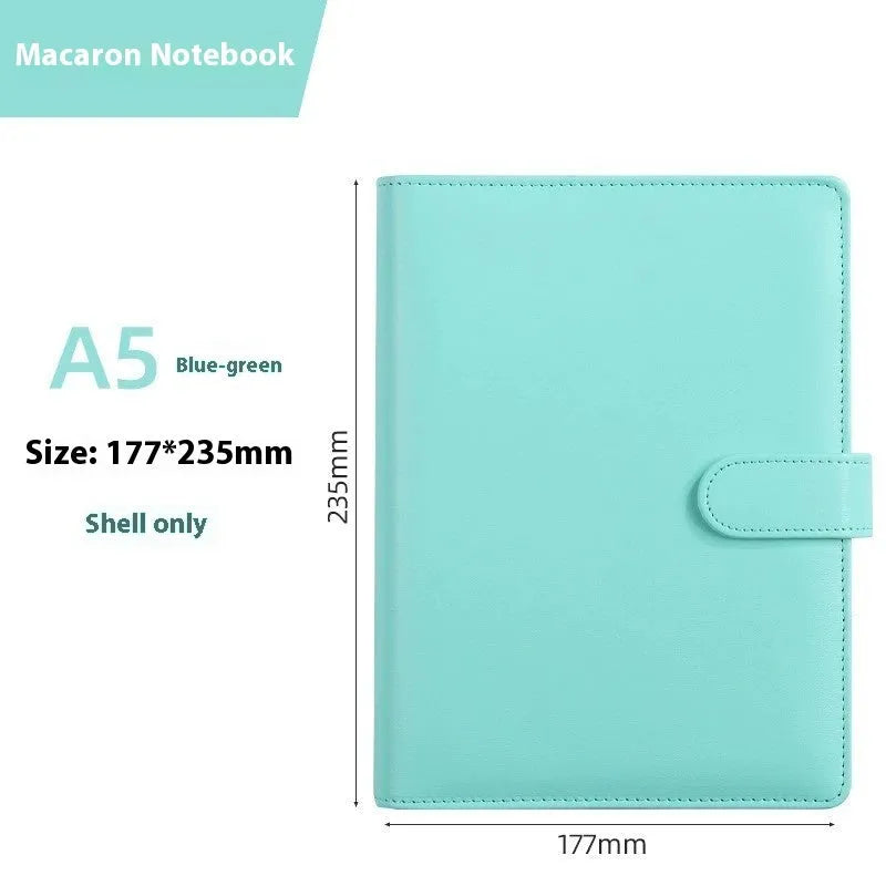A5 PU leather loose-leaf binder shell with zipper closure shown in various colours.