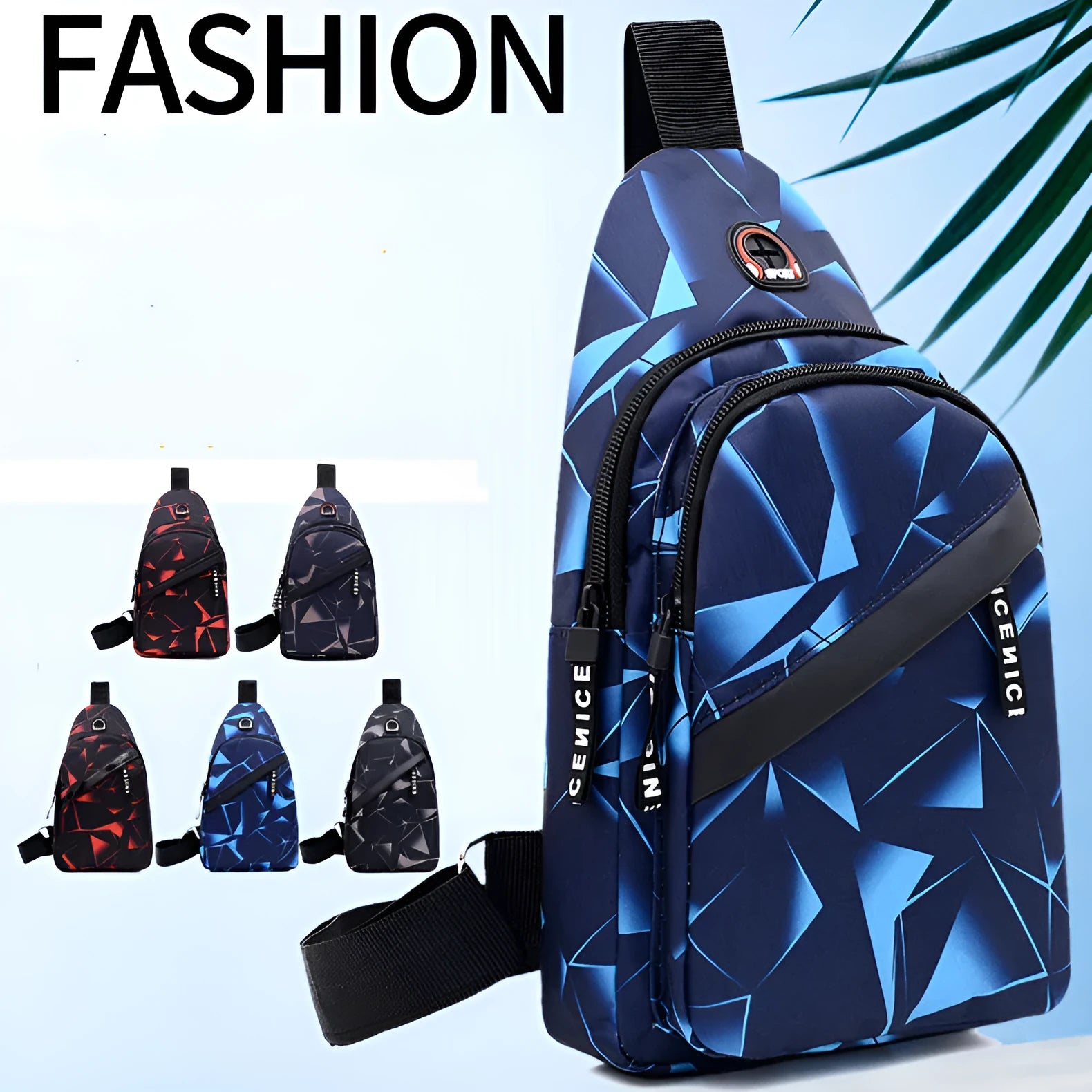 Men's blue Oxford cloth crossbody sling bag showing earphone hole and front zipper.