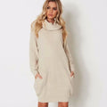 Women's apricot lapel neckline pullover sweater with side pockets showing slim fit and knit texture