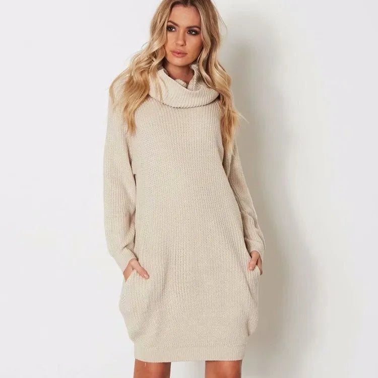 Women's apricot lapel neckline pullover sweater with side pockets showing slim fit and knit texture