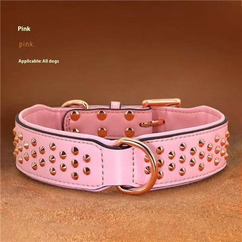 Leather dog collar with metal rivets, adjustable buckle, and D-ring in black, chocolate, or pink.