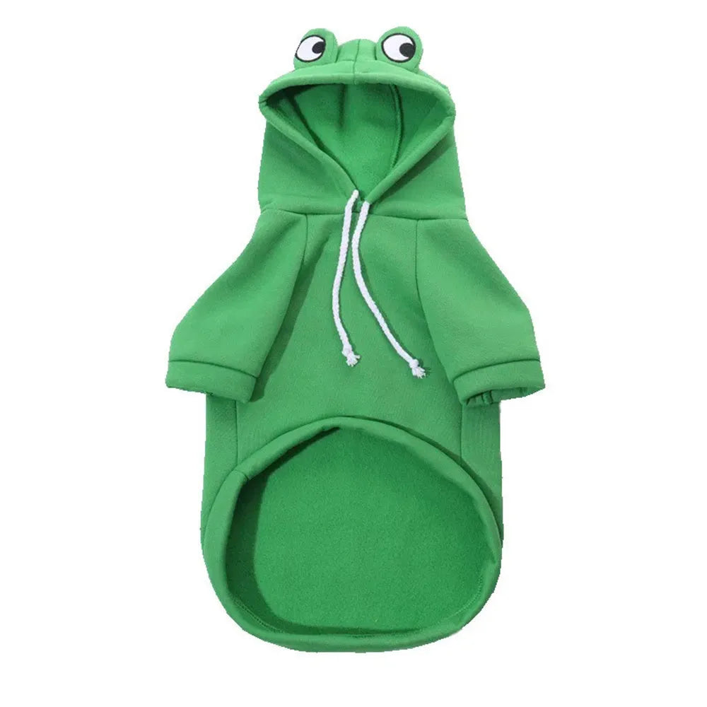 Green frog costume hoodie on small dog with size measurement diagram