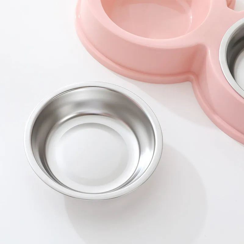 Frog-shaped double pet bowl with stainless steel interior for food and water, in blue