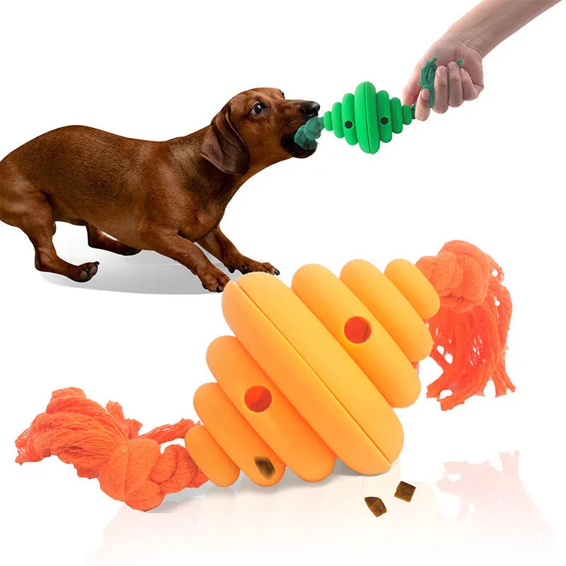 Green and yellow silicone dog ball with rope, showing split spiral design for treat dispensing