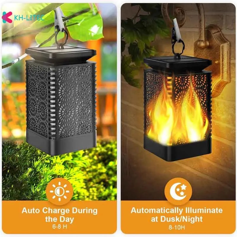 Black solar hanging flame torch LED light for outdoor garden and patio decoration.