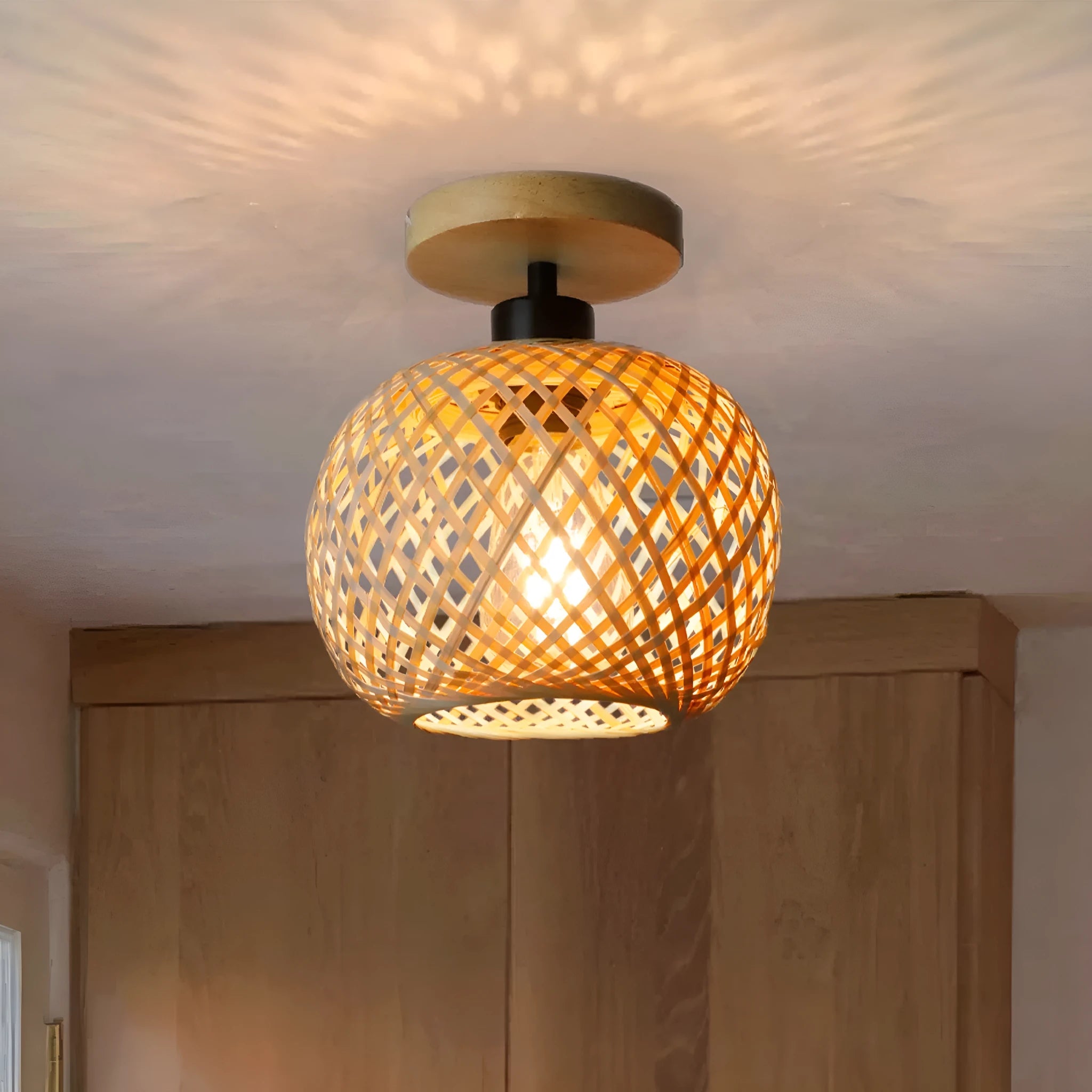Japanese-style bamboo ceiling lamp with wood colour trim for corridor installation