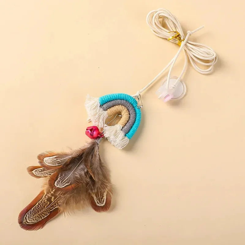 Feather cat rope door swing toy with elastic cord and sticky buckle clamp in blue, green and pink colours