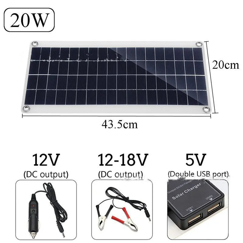 Portable solar panel with dual USB ports for outdoor device charging.