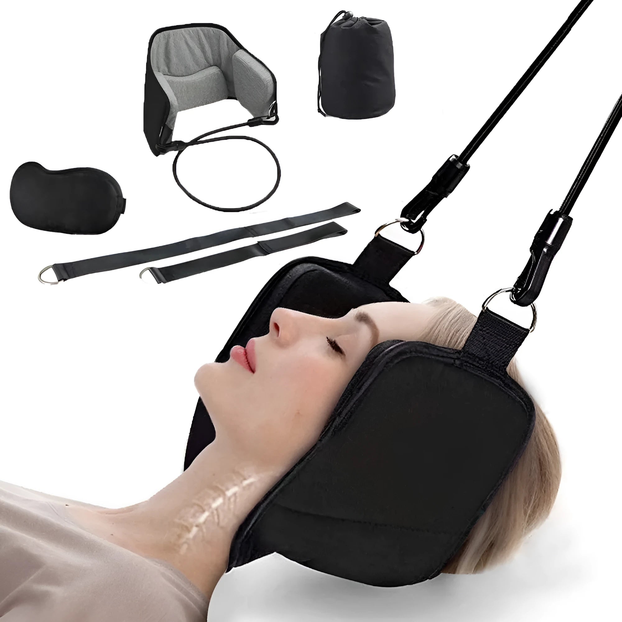 Black neck hammock cervical spine tensioner with velvet, sponge, and breathable mesh three-piece set
