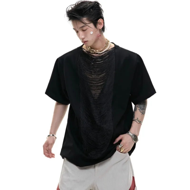 Men's black loose fit V-neck polyester T-shirt with short sleeves and tassel detailing