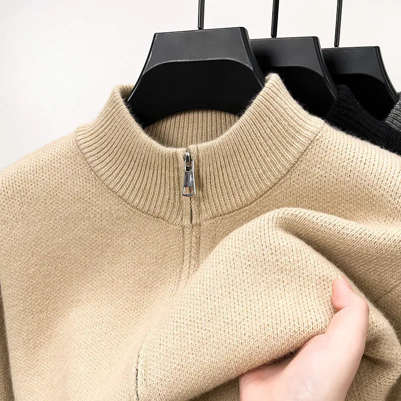 Men's stand collar knitted zipper cardigan in black, grey, or beige with loose fit