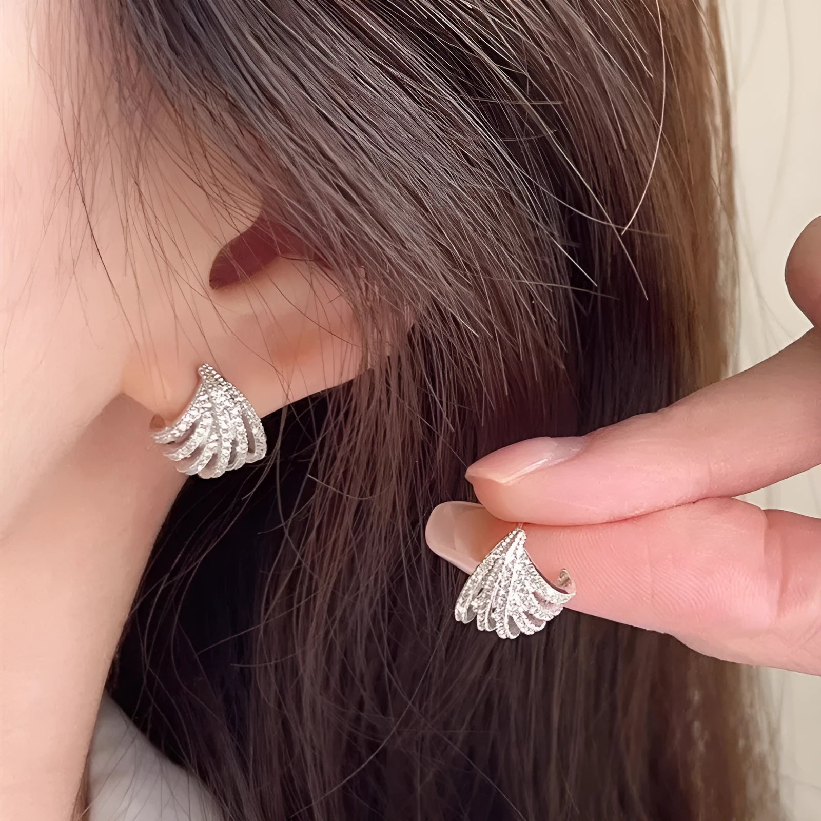 Zircon geometric drop earrings with electroplated platinum finish and line design elements