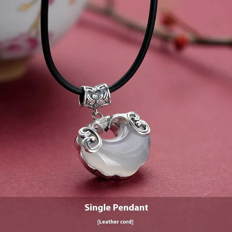 Jade Top Koi sterling silver pendant necklace with natural chalcedony and longevity lock collar in white chalcedony 45cm option