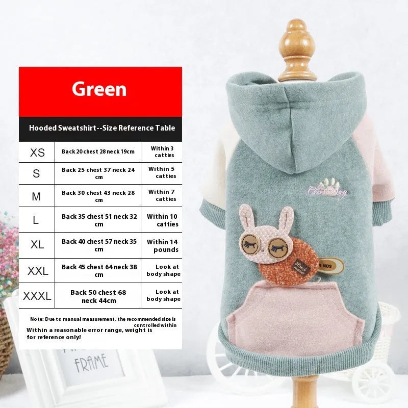 Cotton pet sweatshirt in brown, green or pink available in six dog sizes