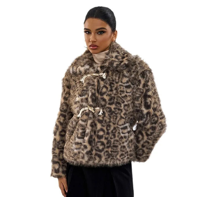 Women's leopard print buckle lapel coat with regular sleeves in street fashion style