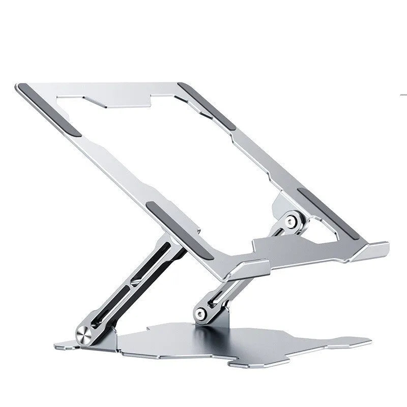 Grey adjustable aluminum laptop stand showing folding mechanism and hollow cooling design