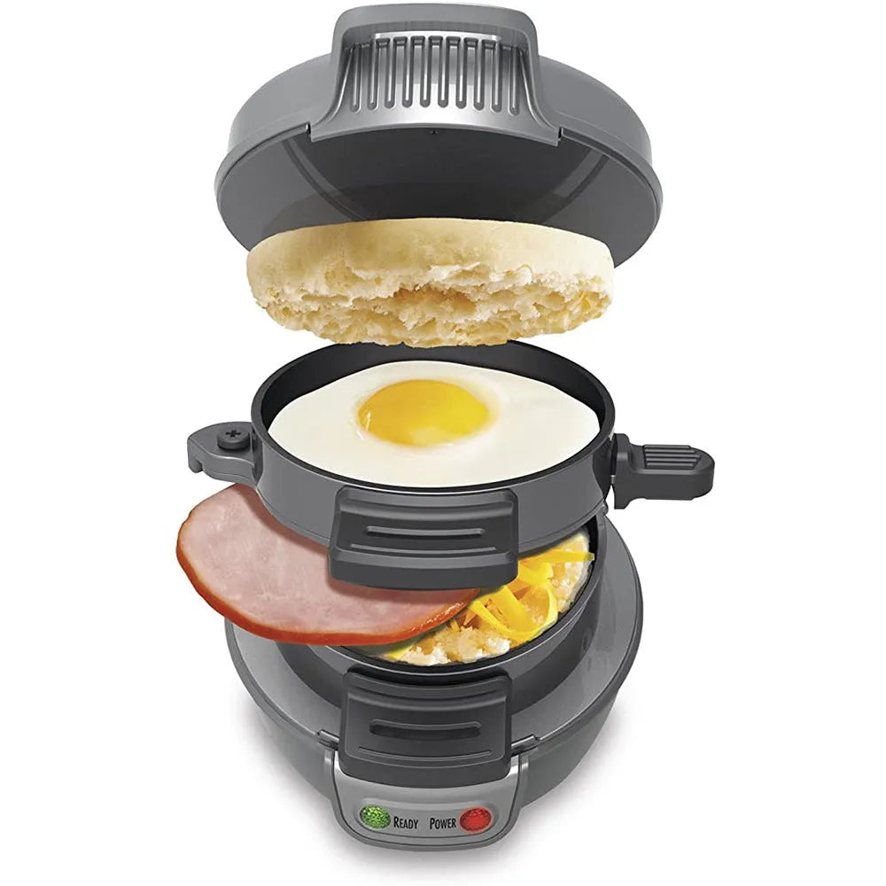 Household breakfast sandwich maker machine with egg cooker ring in bright red colour