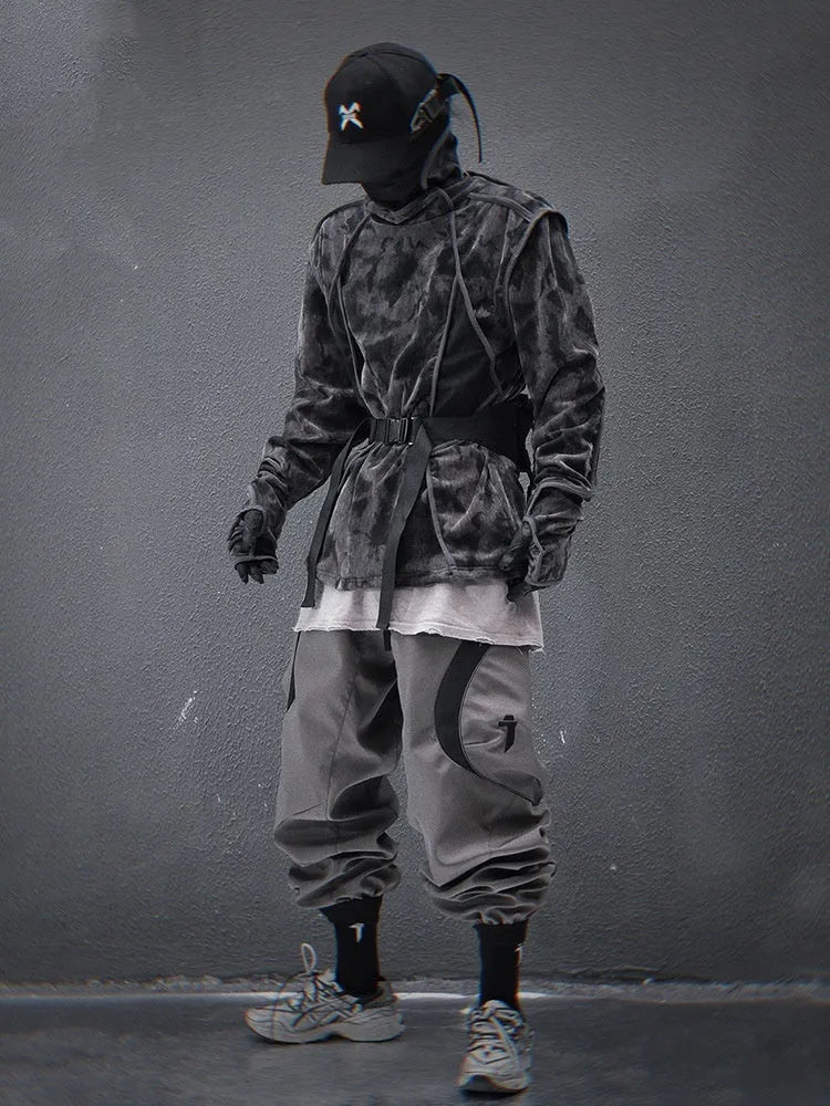 Men's black and grey tie dye printed turtleneck pullover sweater with long sleeves and loose fit.