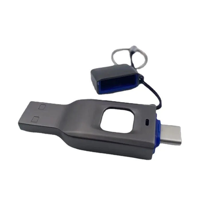 Black fingerprint USB flash drive with metal shell showing USB 3.0 and Type-C interfaces