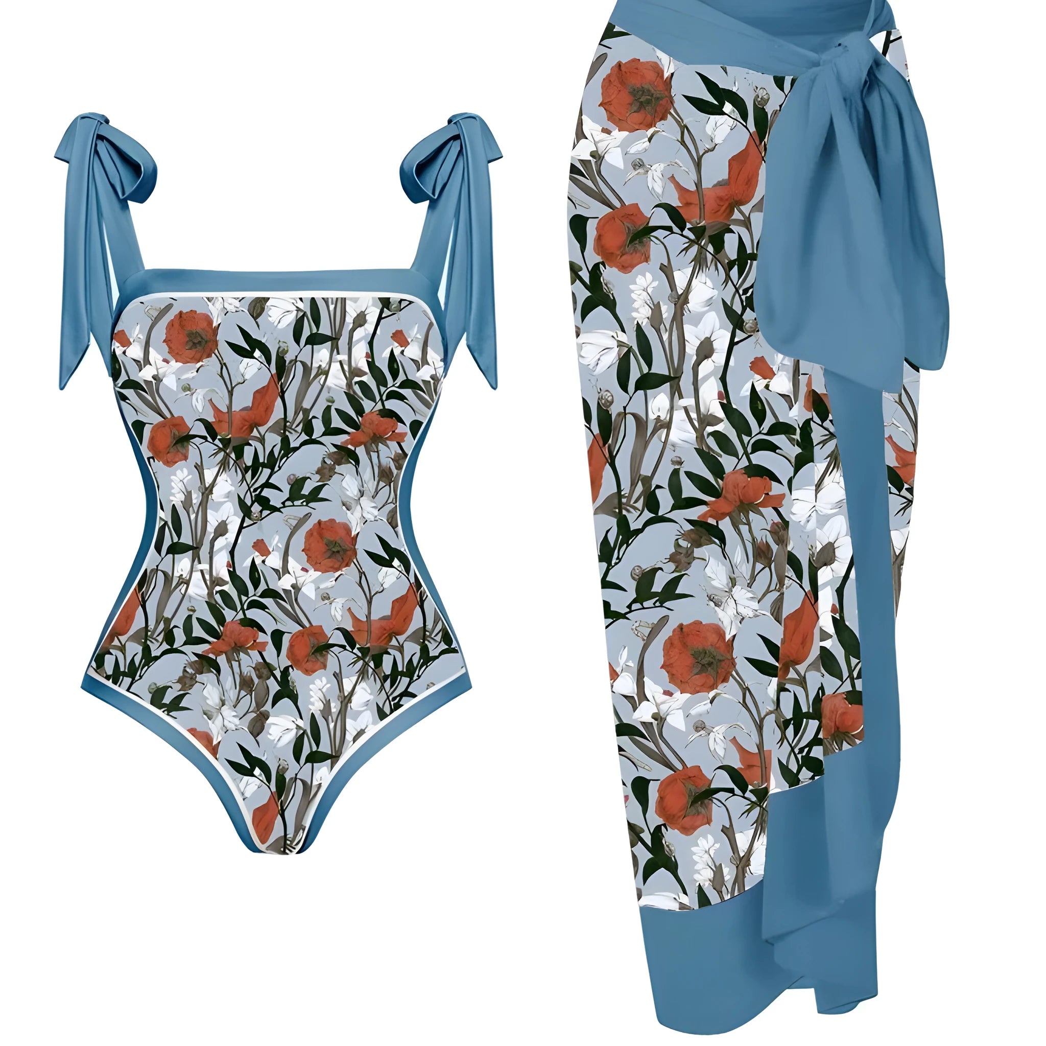 Women's floral print chiffon swimsuit two-piece set with matching hip skirt