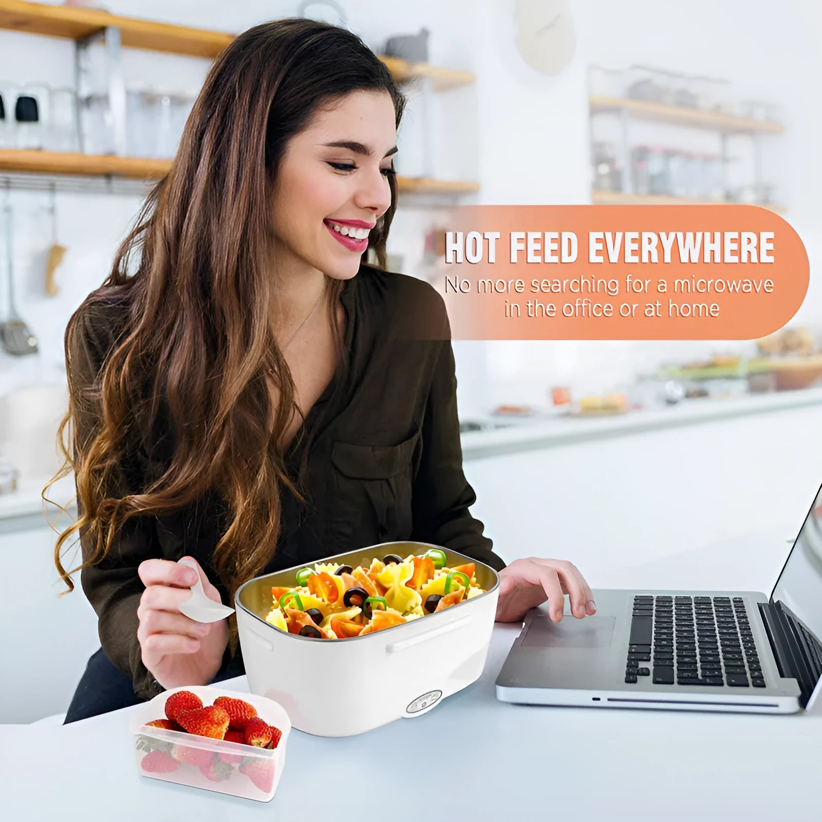 Grey plastic electric lunch box with stainless steel inner liner showing mechanical control dial