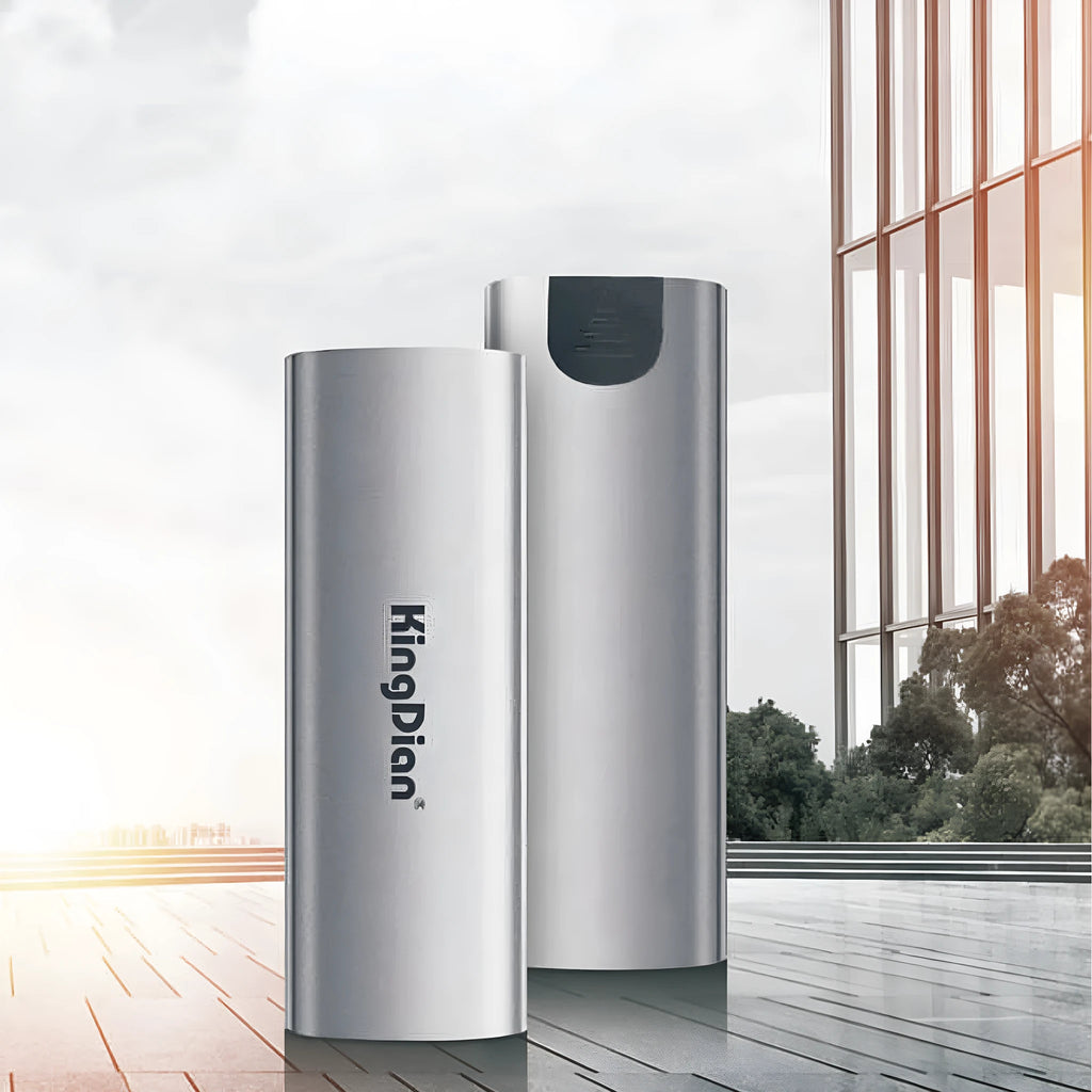 Grey portable external solid state drive with USB 3.0 connector for direct mobile phone use.