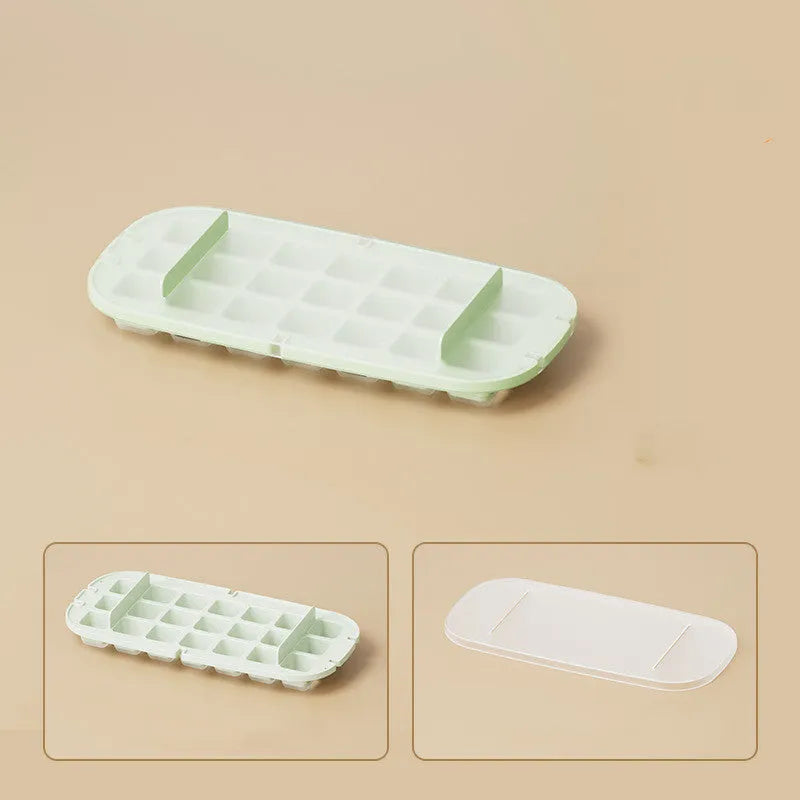 High capacity ice cube tray with grid design and integrated ice shovel storage compartment