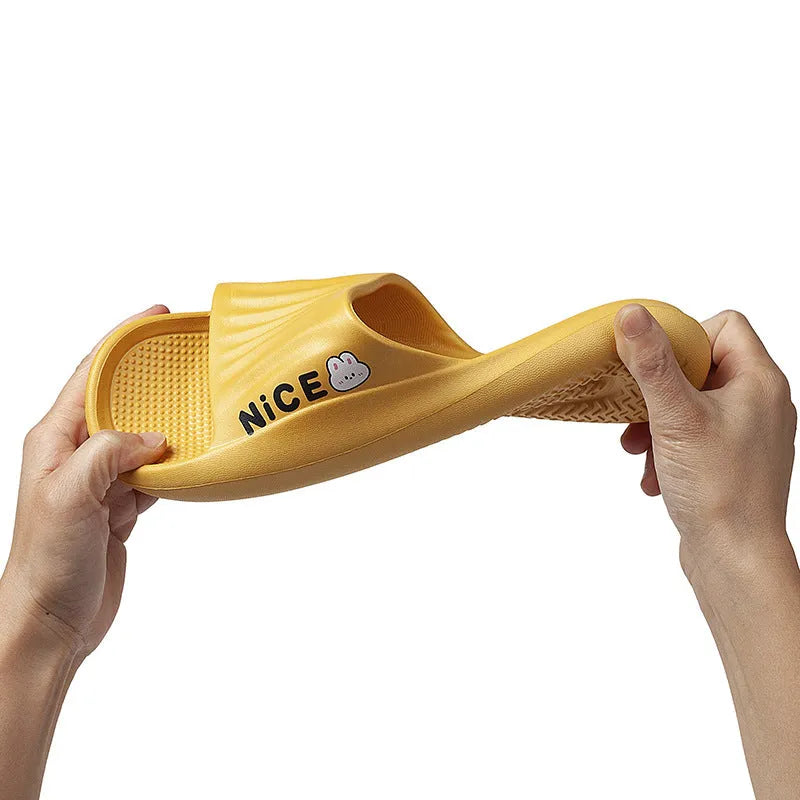 Minimalist cartoon pattern EVA flip flop slippers for household wear, shown in multiple colours.
