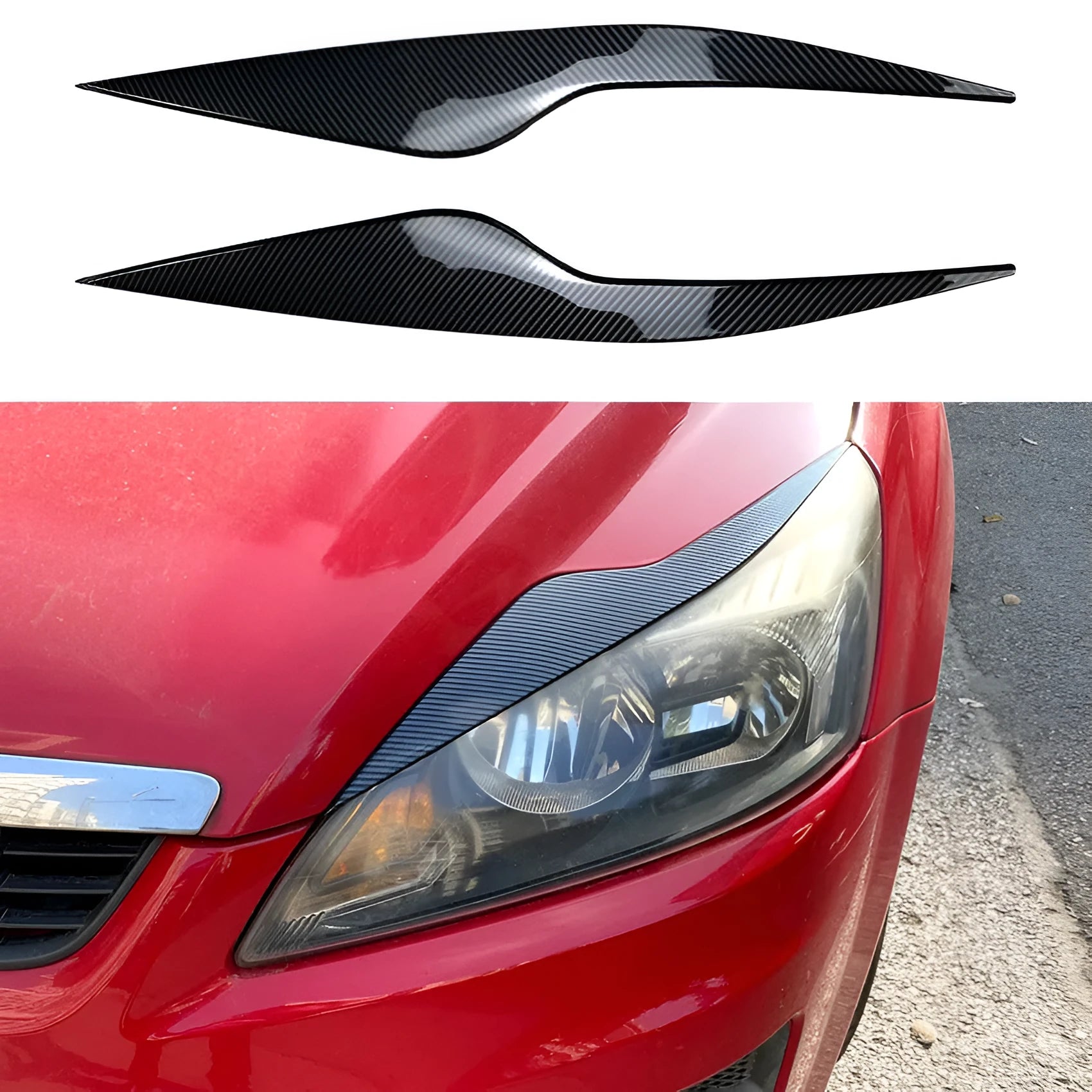 Ford Focus front headlight with carbon fiber pattern ABS eyebrow decal applied for external decorative modification