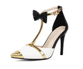 Purple and white plus size women's closed toe high heel sandals with buckle fastening.