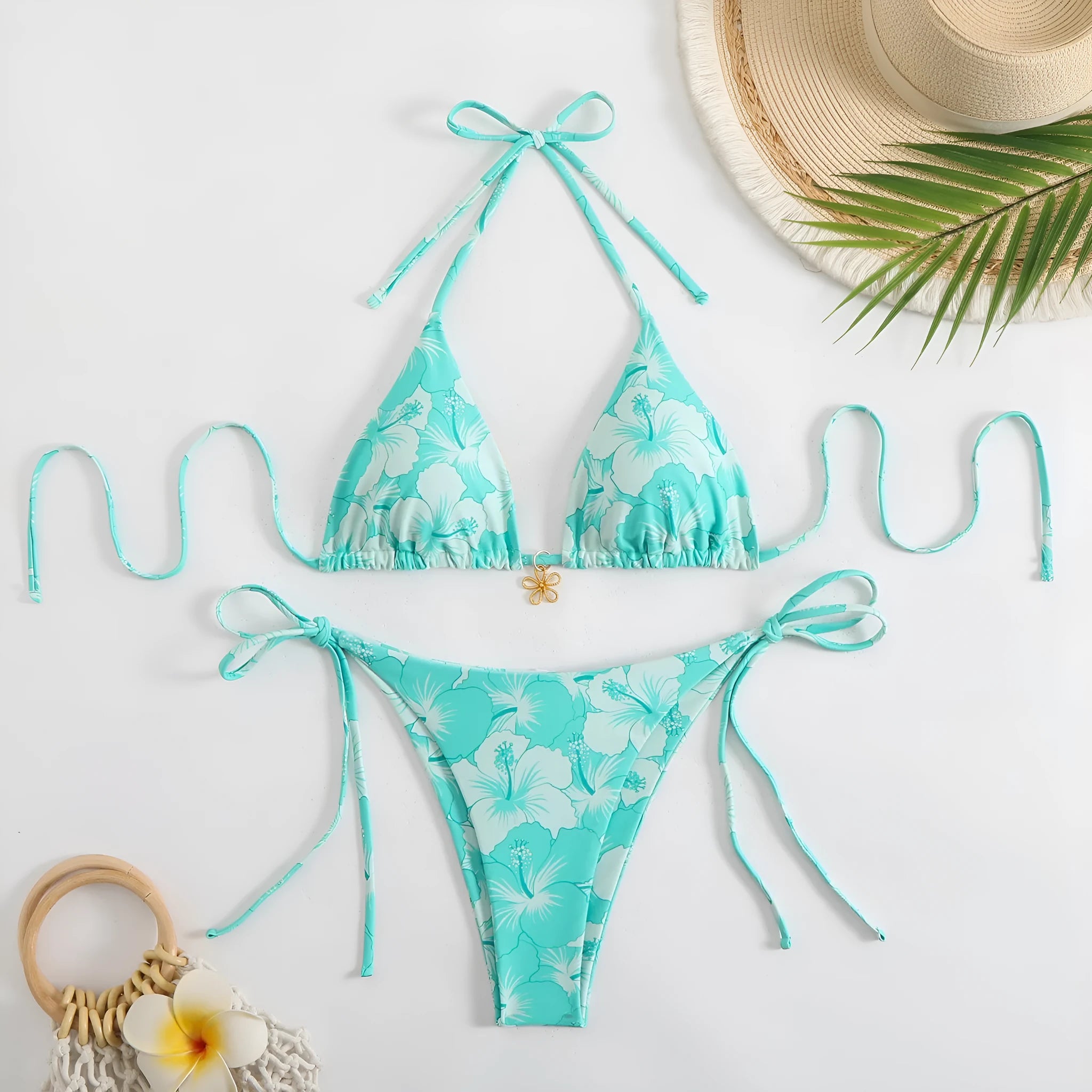 Double-sided bikini printed polo neck lace-up swimsuit for women in light blue high waist briefs