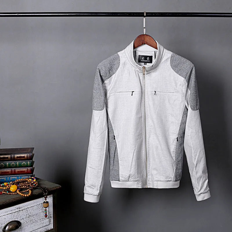 Men's thin blue cotton linen jacket with long sleeves, shown on a hanger.