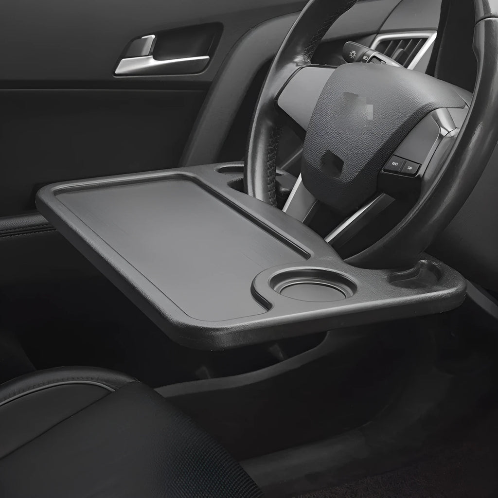 Black plastic car desk tray with storage stand, dimensions 42cm by 28cm
