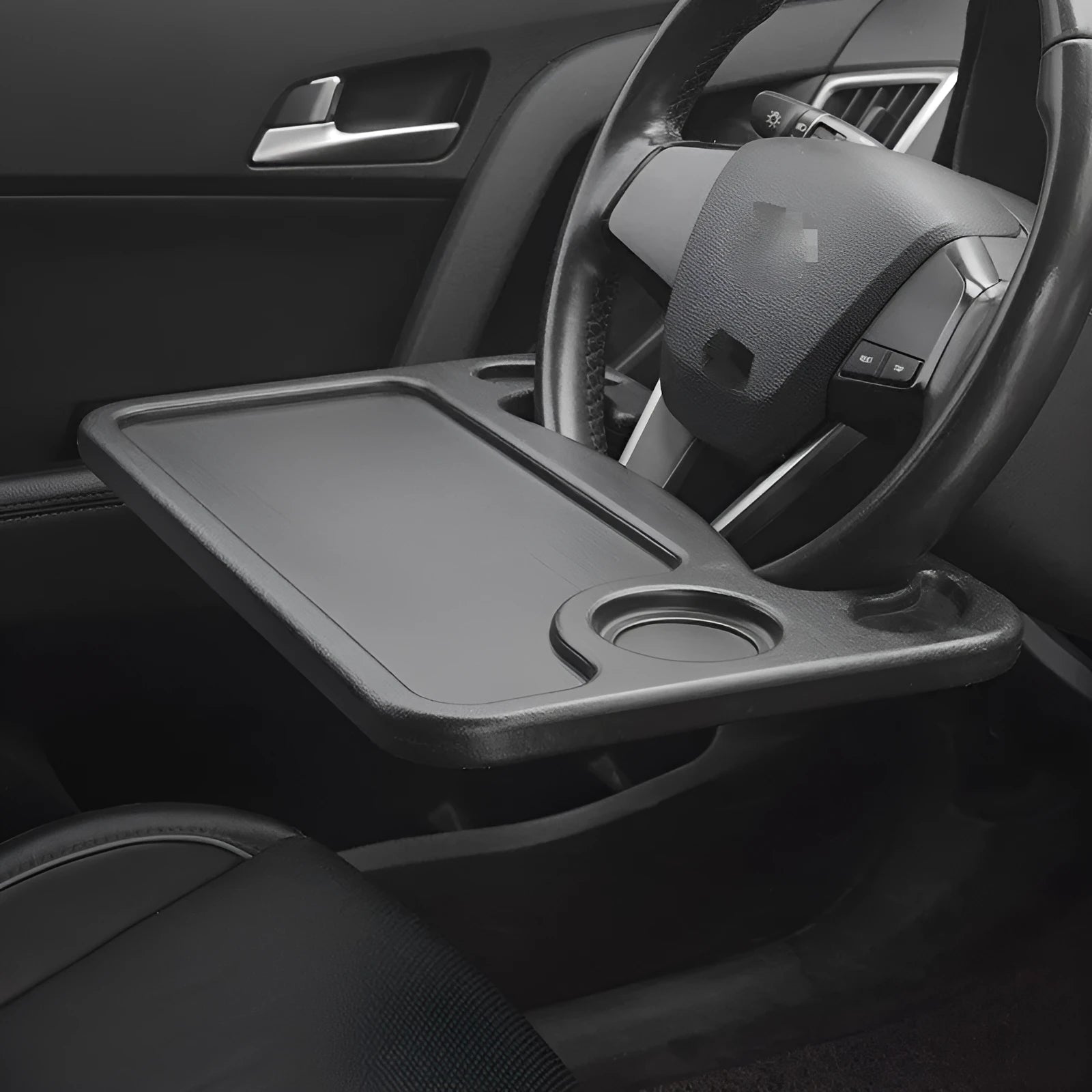 Black plastic car desk tray with storage stand, dimensions 42cm by 28cm