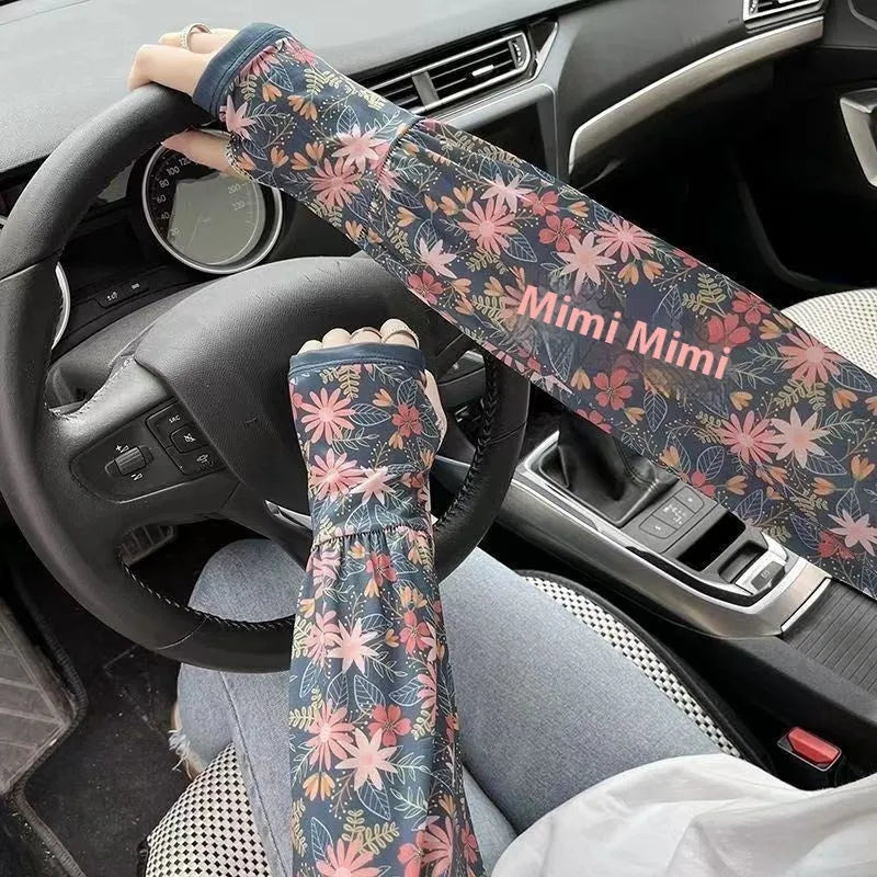 Printed ice silk UV protection oversleeves in floral fireworks leaf patterns with free size fit