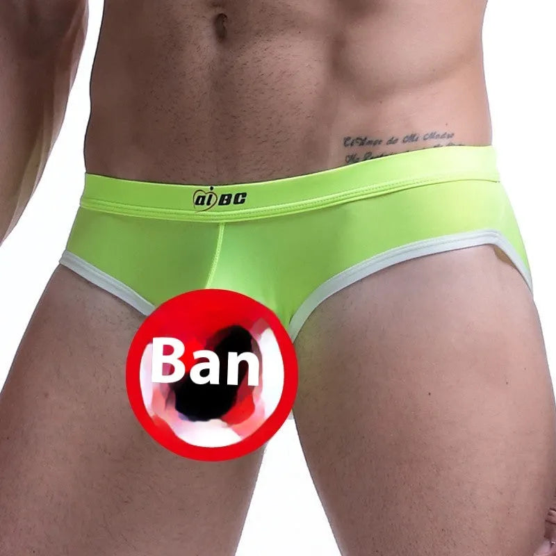 Men's thin ice silk bazooka briefs in multiple colours on a mid waist model.
