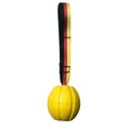 Yellow and camouflage coloured EVA foam floating dog tether balls in three different sizes on a blue background.