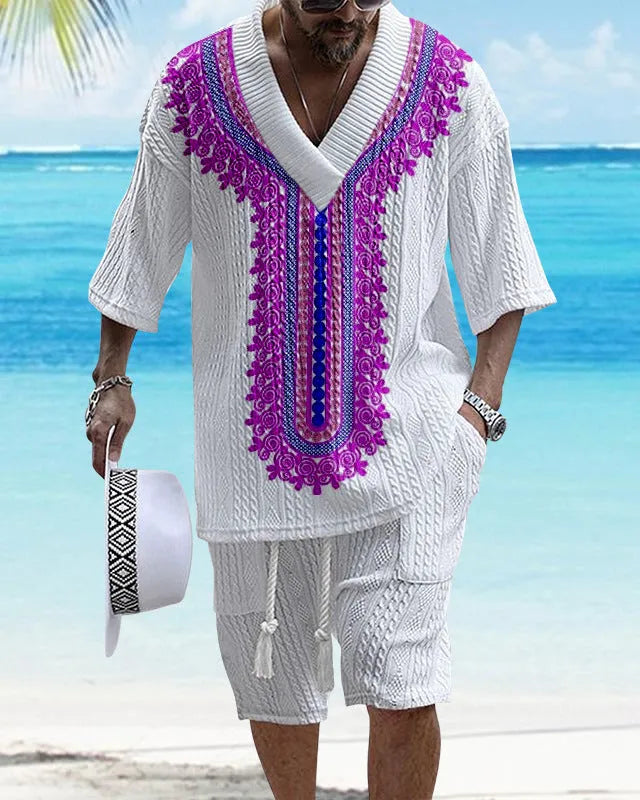 Men's printed knitted shorts suit with drop-shoulder short-sleeve top and matching shorts in chemical fibre blend fabric