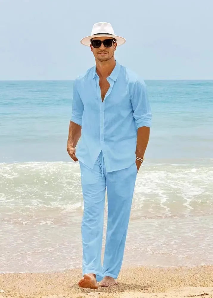 Men's cotton casual set with long-sleeved top and trousers in black white gray khaki sky blue sizes S to XXXL