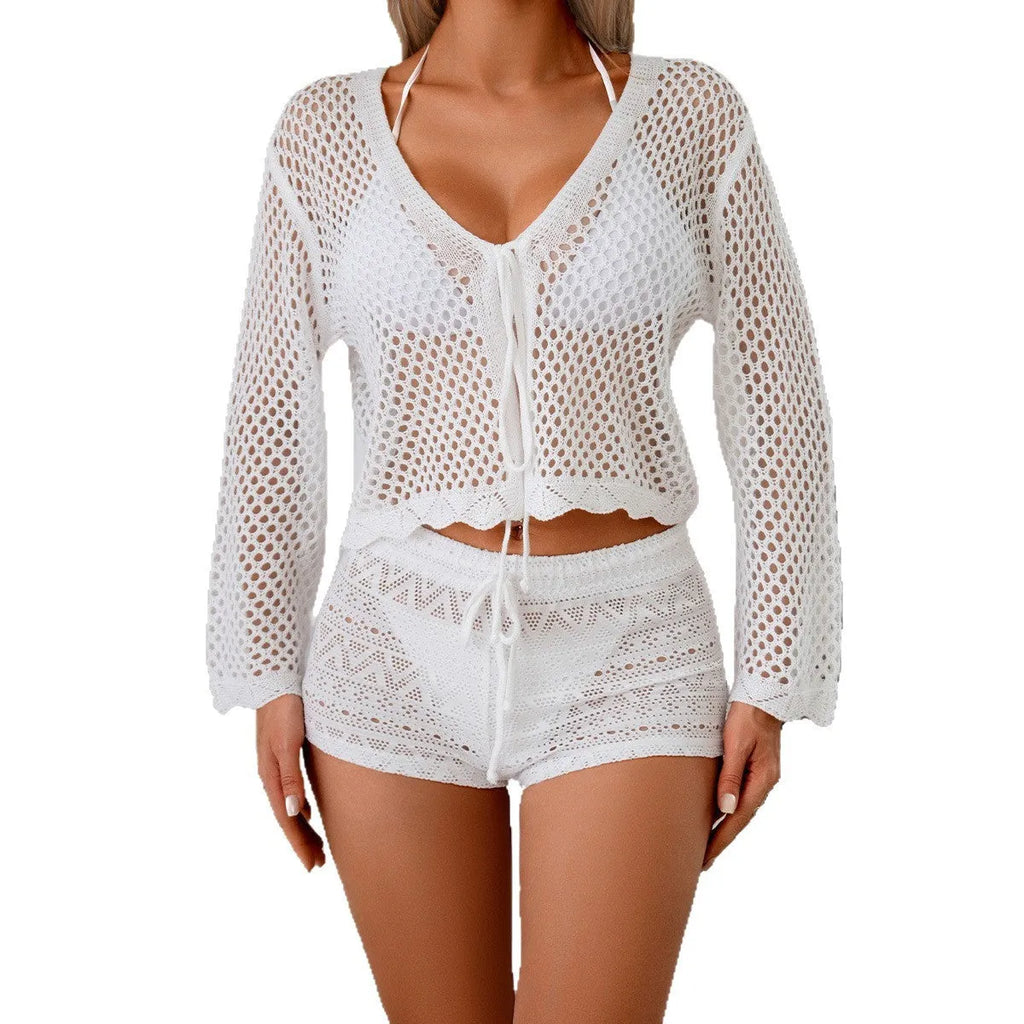 Short hollow woven cardigan blouse with bell sleeves in imitation cotton fabric