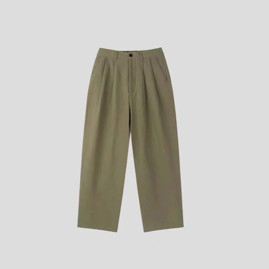 Men's loose fit cotton linen trousers in wide-leg Korean style with zip fly and elastic waist