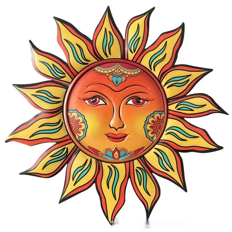 Iron sun face wall hanging ornament with ornate ray detailing