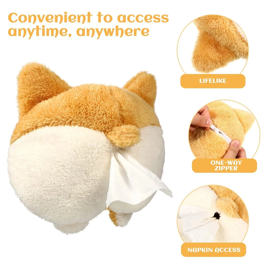 Yellow soft corgi butt-shaped tissue box cover with elastic strap for car sun visor
